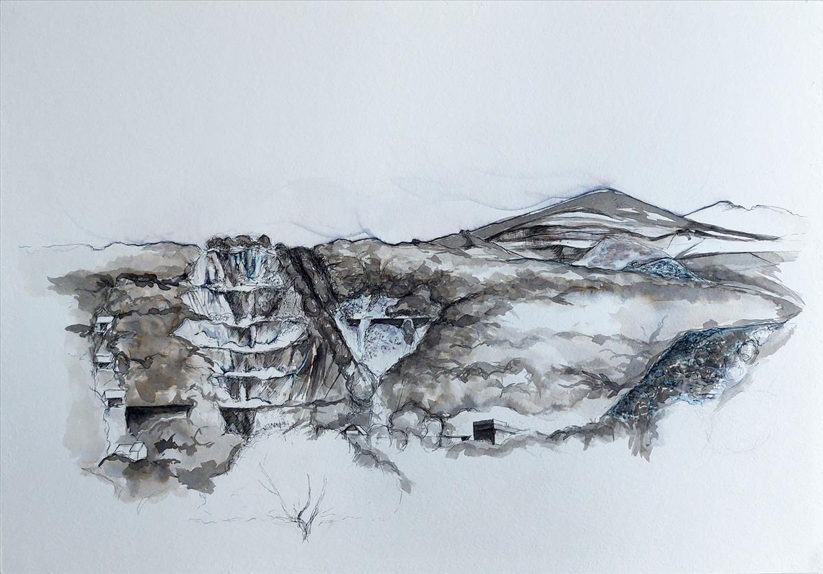 Completed image of Dinorwic Victoria Slate Quarry in Llanberis, North Wales, on A3 watercolour paper, completed using pencil, pen, ink washes and sterilising fluid.