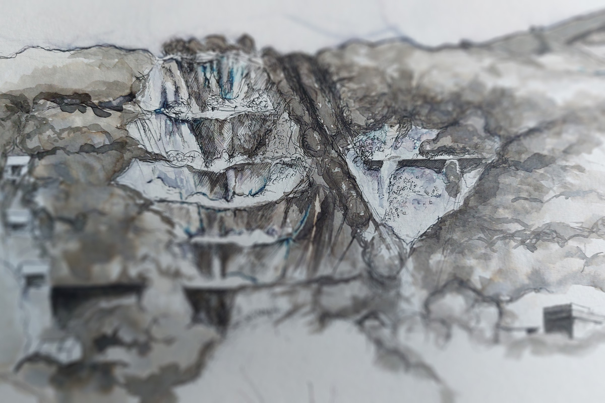 Macro photograph of ink washes applied to the drawing of the quarry.